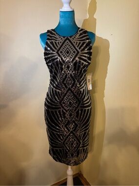 Bisou Bisou Black and Silver Sequin Midi Sheath Dress